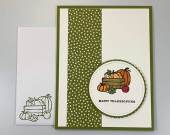 Happy Thanksgiving Card - Handmade Thanksgiving Card with Fall Harvest - Green & White, Hand Colored Thanksgiving Note Card