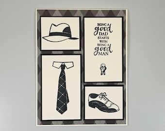Masculine Handmade Greeting Card - Father's Day - Happy Birthday Dad, Father, Pop - Black/Gray Argyle Card - Hat, Tie & Shoe Card