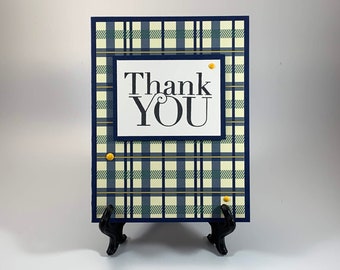 Thank You Card - Blue Plaid Greeting Card for Guys, Men - Handmade Blank Inside Note Card for Business, Appreciation, Gifts, Service Workers