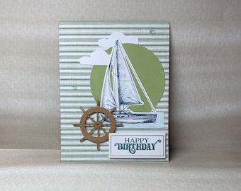 Happy Birthday Greeting Card - Sailing, Sailboat, Boating, Lake Bday Card - Handmade Happy Mail - Blank Inside Notecard