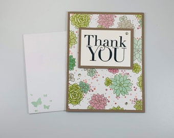 Thank You Card - Succulent Plants Greeting Card - Handmade Blank Inside Note Card for Business, Appreciation, Gifts, Service Workers