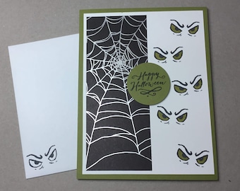Spooky Eyes Halloween Card - Spider Web & Spooky Eyes Greeting Card - Handmade Happy Halloween Card - Scary Eyes Card