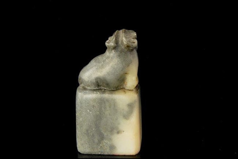 Antique Chinese Symbol Carved Black White Soapstone Foo Dog Lion Seal