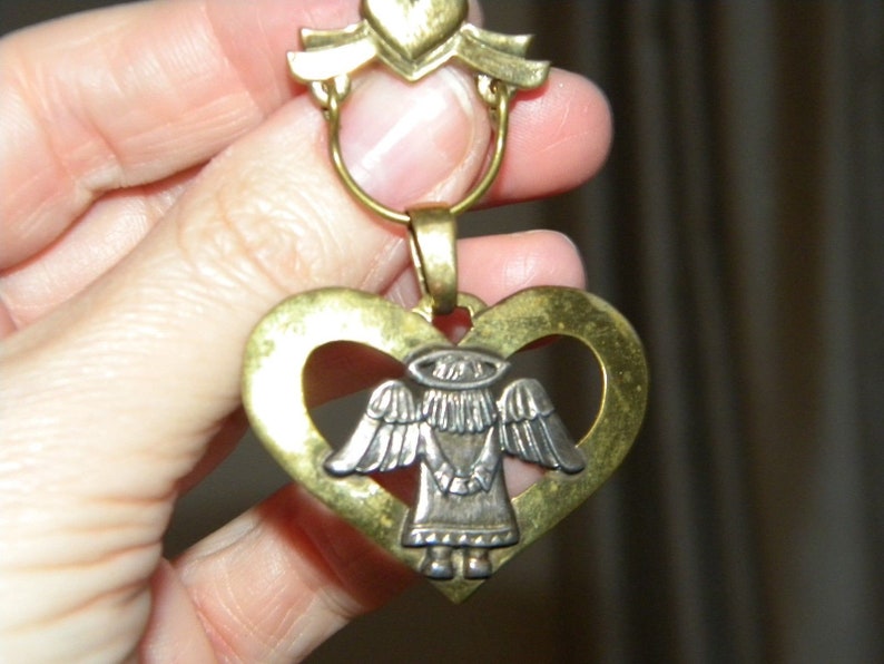 SALE Vintage signed JEC brooch silver /& brass with angel in heart ~ inA3626