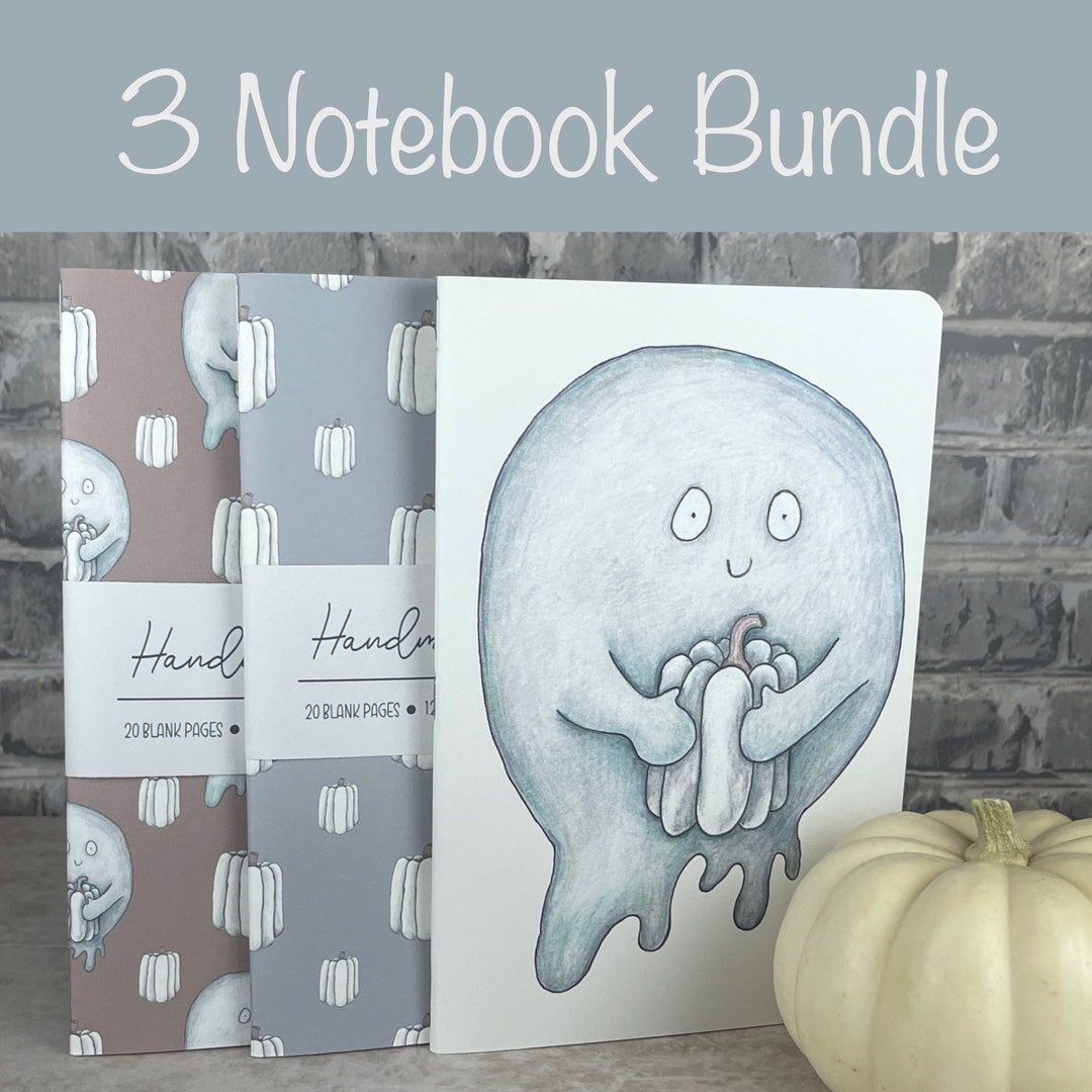 Notebook Bondle Handmade Saddle Bound Notebook Bundle - Hand Drawn White Pumpkins ...