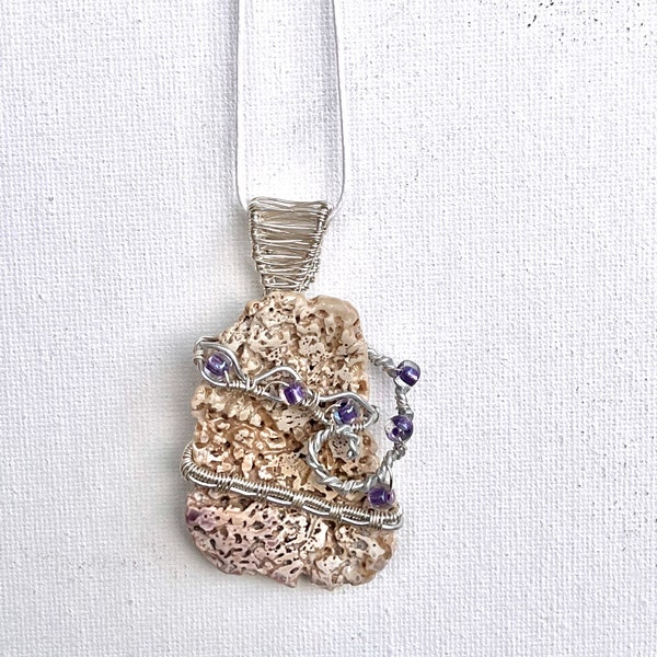 Wire Wrapped Shell Fragment Pendant, Ocean Inspired Jewelry, Gift for Beach Lover, Statement Necklace, Authentic Shell and purple beads