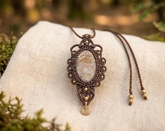 Crystal Macrame Necklace • Bohemian Agate Stone Ethnic Boho Braided Pendant • Tribal Festival Jewelry