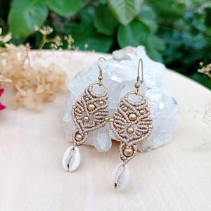 Macrame Boho Earrings • Cowrie Seashell Ethnic Tribal Brass Summer Festival Jewelry