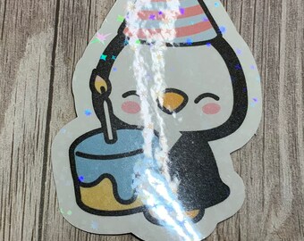 Holographic Birthday Penguin Sticker