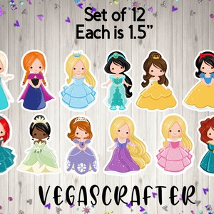May include: Set of 12 princess stickers, each 1.5 inches. The stickers feature cartoon illustrations of various princesses in colorful gowns. The text "VEGASCRAFTER" is at the bottom.