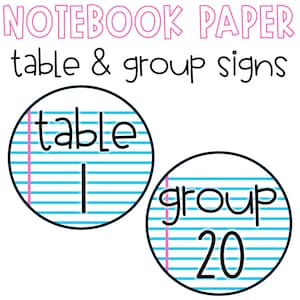 May include: Two round, blue and white notebook paper style signs. One sign says "table 1" and the other says "group 20".