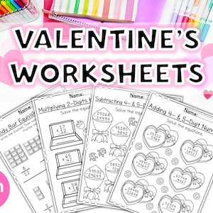 Può includere: Quattro fogli di lavoro stampabili a tema San Valentino per la quarta elementare. I fogli di lavoro presentano una barretta di cioccolato, una scatola regalo, un mazzo di fiori e una scatola di cioccolatini a forma di cuore. I fogli di lavoro includono problemi di matematica per moltiplicare numeri a due cifre, sottrarre numeri a 4 e 5 cifre e sommare numeri a 4 e 5 cifre.