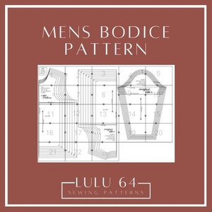 May include: A black and white sewing pattern for a bodice. The pattern includes multiple sizes and is labelled "Mens Bodice Pattern" and "Lulu 64 Sewing Patterns".