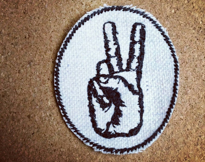 Handmade Embroidered Upcycled Canvas Peace Sign Hand Iron-on Jacket or Hat Patch