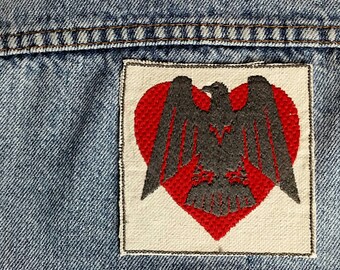 Handmade Embroidered Vintage Graphic Eagle Heart Upcycled Canvas Iron On  Punk Jacket Patch