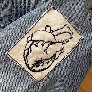 Handmade Embroidered Vintage Graphic Heart Upcycled Canvas Iron On Jacket Patch