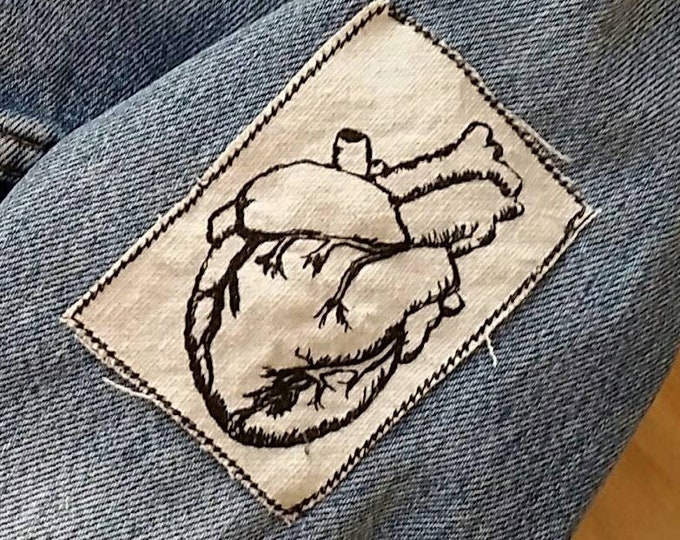 Handmade Embroidered Vintage Graphic Heart Upcycled Canvas Iron On Jacket Patch