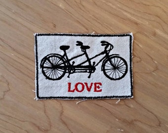 Handmade Embroidered Tandem Bike Love Upcycled Canvas Iron On Jacket Patch Wedding Favor