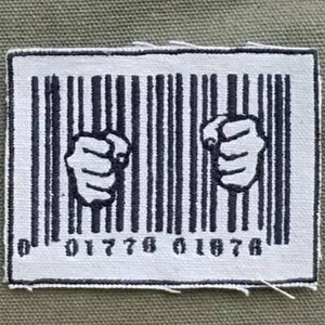 Handmade HandmadeEmbroidered Bar Code Prisoner Upcycled  Canvas Iron On Patch