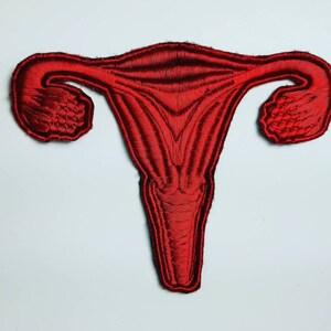 May include: A red embroidered patch in the shape of a uterus. The patch features detailed stitching, with the fallopian tubes, uterus, and cervix clearly defined. The patch is on a white background.
