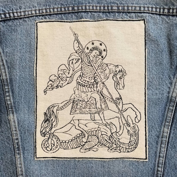 Gestickter St. George und der Drache Upcycled Canvas Jacket Back Patch