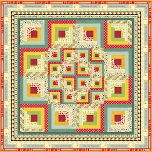 Op de afbeelding: Een quilt met een blokhutpatroon in tinten rood, geel, groen en blauw. De quilt is gemaakt van vierkanten met verschillende patronen en kleuren. De quilt is omgeven door een rand met peren en de tekst "Greet the day with a song".