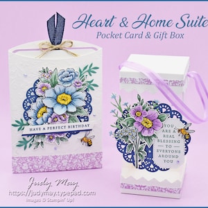 Może przedstawiać: Biała kieszonkowa kartka i pudełko prezentowe z kwiatowym wzorem i niebieskimi i fioletowymi akcentami. Kartka zawiera tekst "Have a perfect birthday", a pudełko zawiera tekst "You are a real blessing to everyone around you".