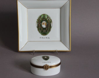 Limoges Faberge Imperial Square Tray & Oval Covered Box Alexander Palace Egg