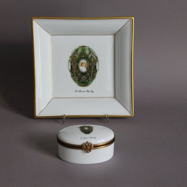 Limoges Faberge Imperial Schale Aschenbecher & Deckeldose Alexander Palace Egg