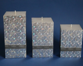 Vanilla & Silver Foil Square Pillar Candle, Handmade in 3 Different Sizes