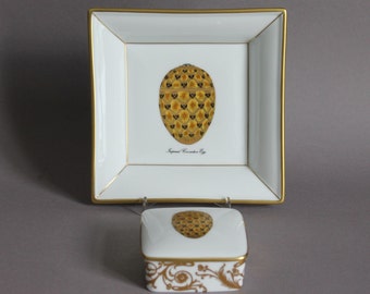 Limoges Faberge Imperial Square Tray & Covered Box Coronation Egg