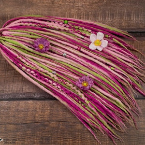 Wool Dreadlock Extensions: Peach, Pink, Green Boho Dreads, Gloxinia