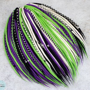 Wool dreadlocks, braids and twists "Crazy ghost" , Purple neon green white and black dreadlock extensions, Double ended or single ended