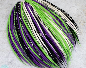 Wool dread set "Crazy ghost" Purple, neon green, white and black dreadlock extensions Double ended or single ended Halloween dreads