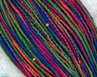 Wool Dreads "Mirabilis" Full set double ended or single ended dreadlock extensions Green blue pink rainbow fake locks
