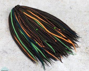 Wool dreadlock woodland style, full set dreads, brown, melon, green mix felted dreads "Wood"