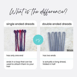 May include: A comparison of single-ended and double-ended dreadlocks. Single-ended dreadlocks have a loop at one end for attaching to hair. Double-ended dreadlocks are a long dreadlock folded in half.