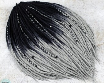 Ombre Wool Dreadlocks: Black Grey Double Ended Dread Extensions, Obsidian