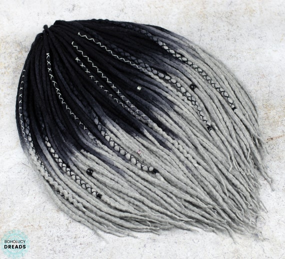 Black grey ombre Wool Dreadlocks: Obsidian Double Ended Dread Extensions gift