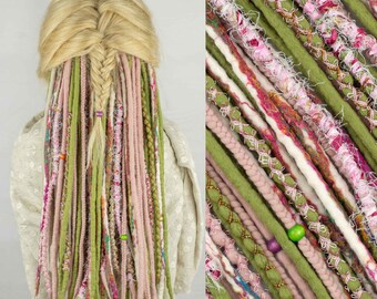 Wool Dreadlock "Peach blossom" double ended dreadlock extension Ready to ship Pink and green set of 20 double ended wool dreads with braids