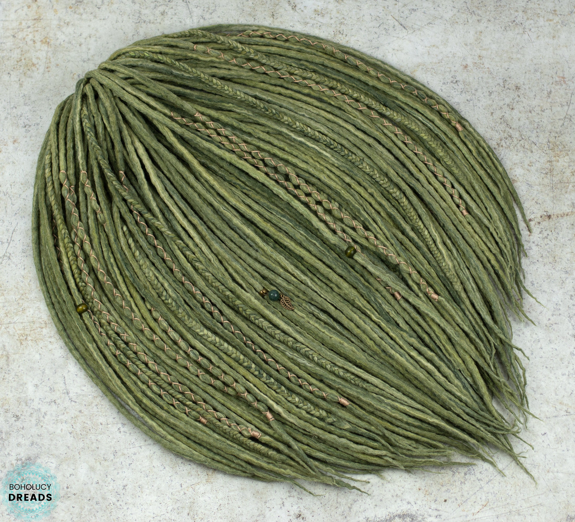 Fern Moss Green Wool Dreadlock Extensions: Extra Soft Fairy Dreads with Moss Agate