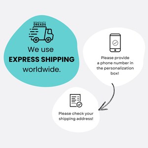 May include: Illustration of a delivery truck, a smartphone, and a receipt with checkmarks. Text reads: "We use EXPRESS SHIPPING worldwide. Please provide a phone number in the personalization box! Please check your shipping address!"