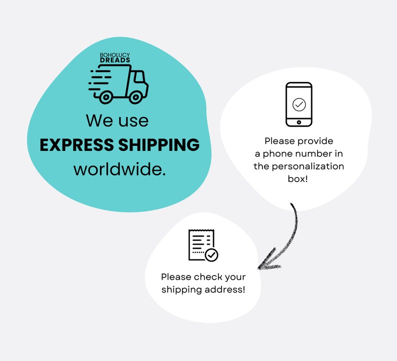 May include: Illustration of a delivery truck, a smartphone, and a receipt with checkmarks. Text reads: "We use EXPRESS SHIPPING worldwide. Please provide a phone number in the personalization box! Please check your shipping address!"