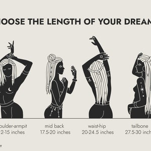 Pu&ograve; includere: Un grafico in bianco e nero intitolato CHOOSE THE LENGTH OF YOUR DREAMS! che mostra quattro sagome con lunghezze di capelli variabili etichettate shoulder-armpit 30,5-38 cm, mid back 44,5-51 cm, waist-hip 51-62 cm e tailbone 70-76 cm.