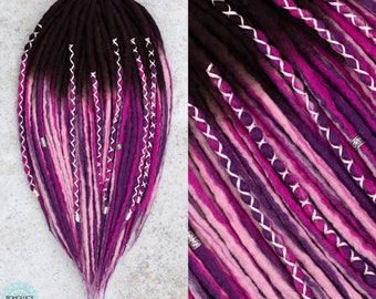 Wool Dreads "Hydrangea ombre" Full set multicolor purple with brown roots ombre double ended dreadlock extensions