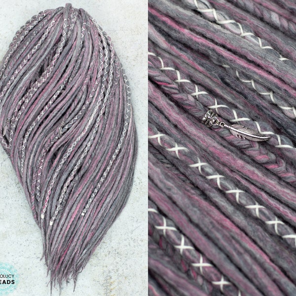 Wool double ended single ended dreads, "Winter flower" dreadlocks, Gray pink dreadlock extensions, Boho, natural dreadlock set