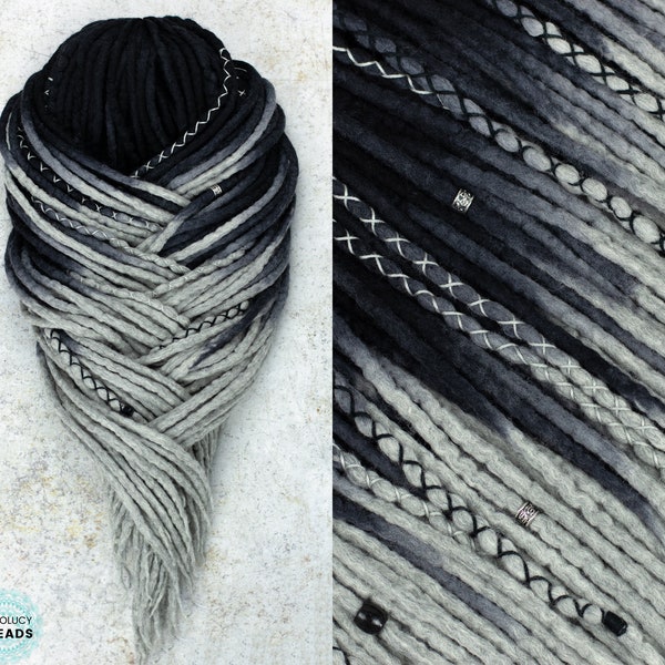 Wool Ombre double ended black grey "Obsidian" Full set DE dreadlocks