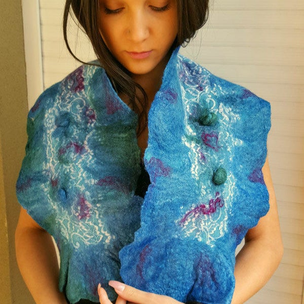 Handmade shawl,  Nuno felted Wrap, Warm Wool Cape, Ruffle Wrap, Unique accessory, Handcraft shawl, Elegant, Petrol Blue cape, With Brooch