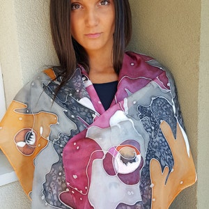 Hand Painted Silk Scarf, Unique Handmade Scarf, Apricot, Bordeaux, Gray, Black, Silk Scarf  55”x18”, Gift for her