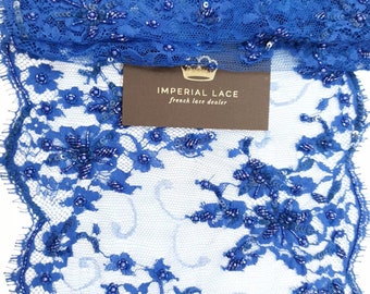 Beaded Blue lace trim, 3D Lace trim, French lace, Solstiss lace, Handmade embroidery, Floral pattern, Sequin lace, Couture lace MK00607